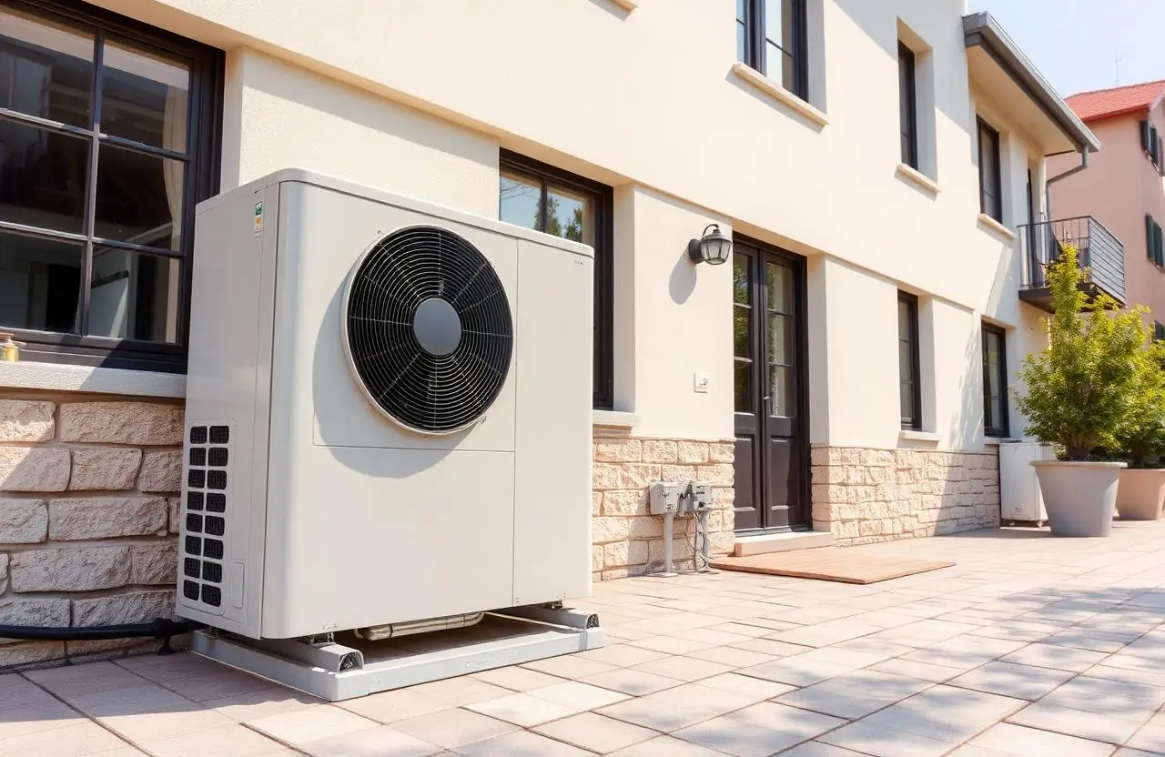 Moderne Wärmepumpe an einem hellen Wohnhaus