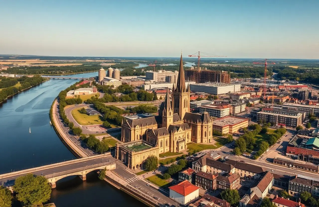Luftaufnahme von Magdeburg mit Dom, Elbe und neuen Bauflächen – Symbolbild Stadtentwicklung 2026