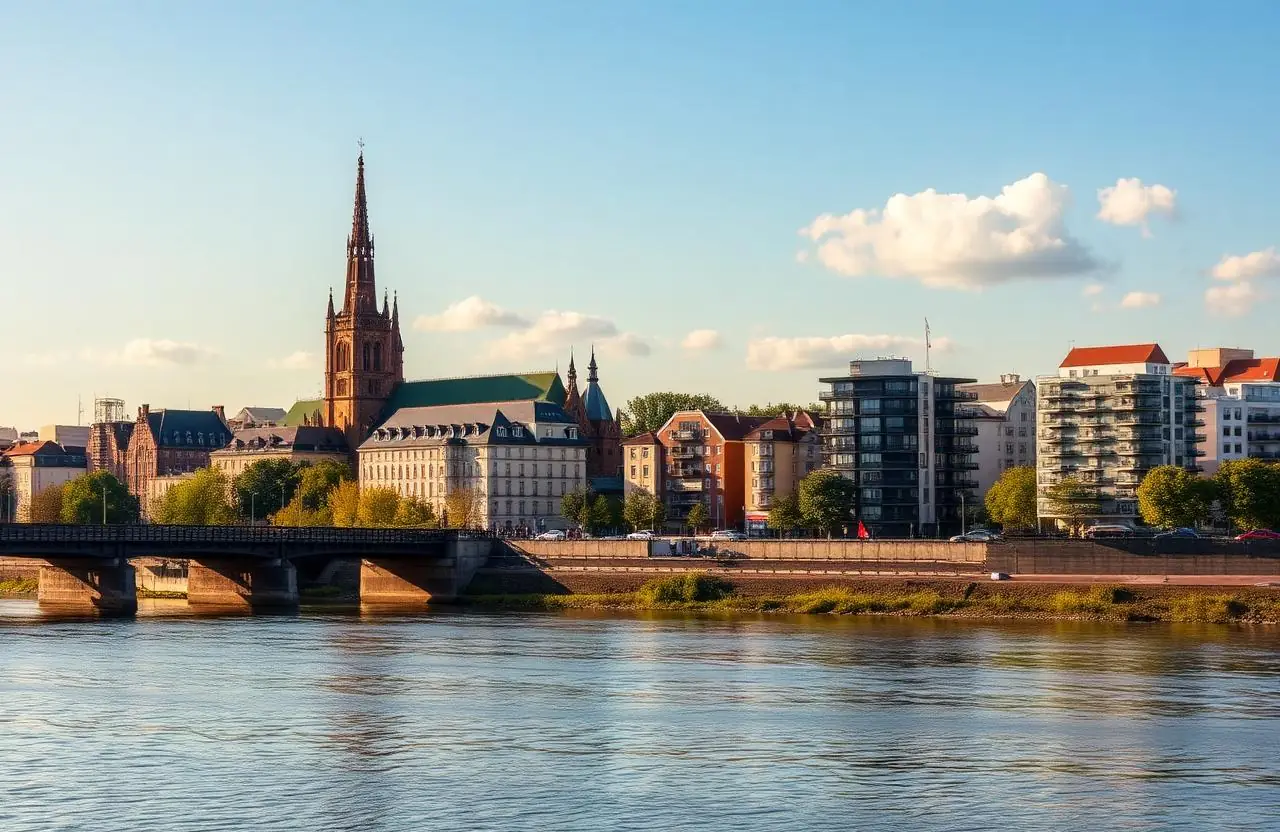 Magdeburger Skyline mit Dom und Wohnhäusern an der Elbe