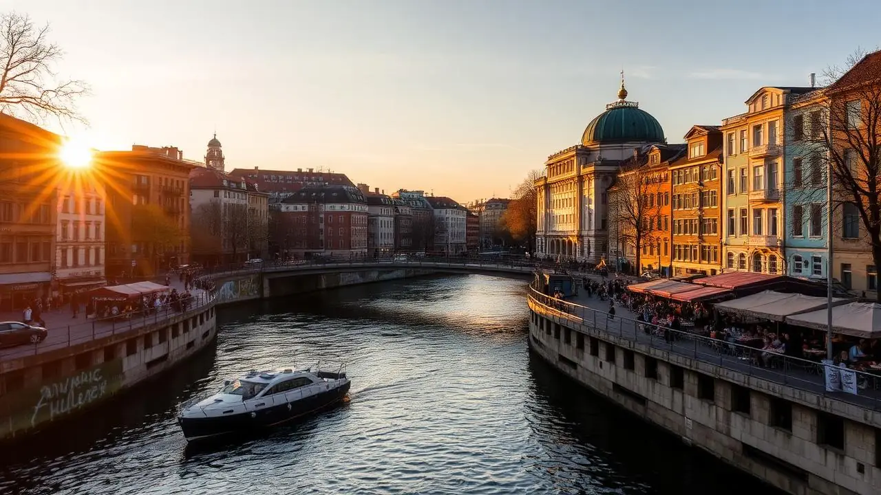 Berliner Spreeufer im Abendlicht mit Altbauten und Cafés in Kreuzberg