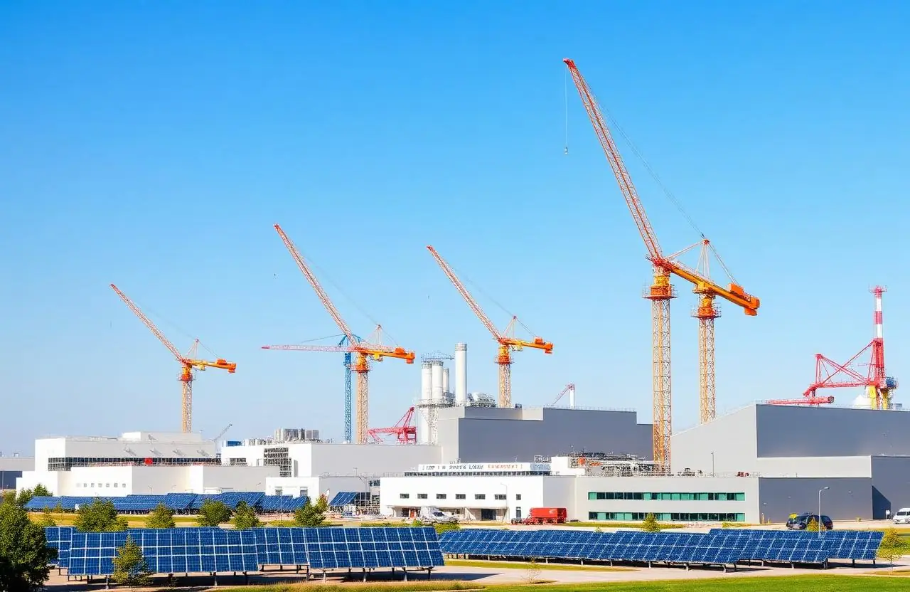 Großbaustelle eines Industrieparks in Mitteldeutschland mit Kränen und Photovoltaik